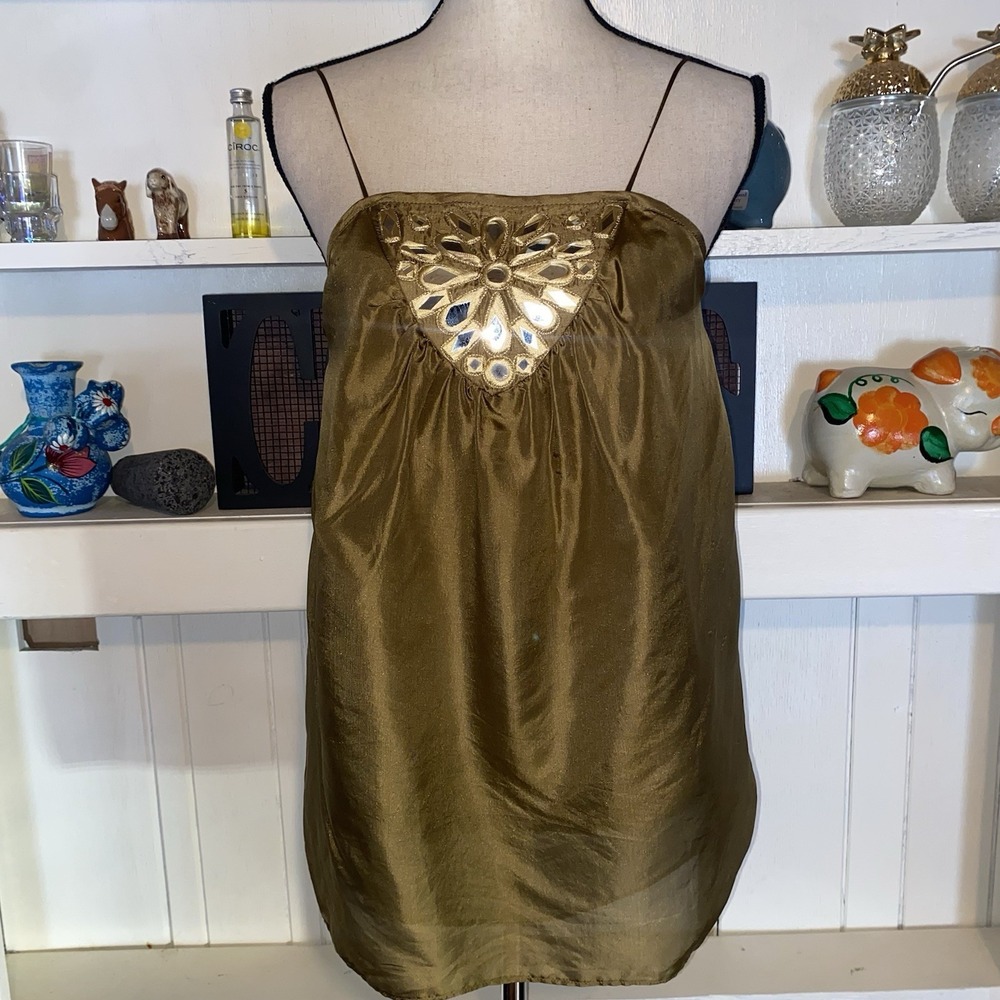 Milly Olive Green Silk Camisole with Gold Embellishment
